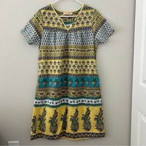 La Cera 100% Cotton Paisley Floral House Dress Women’s M Yellow Purple w Pockets